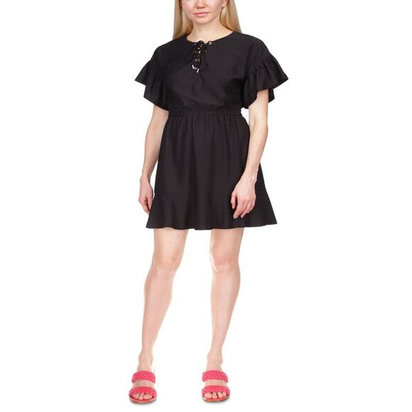Michael Kors Lace-up Lace Ruffle Mini Dress In Black - S - Picture 2 of 3